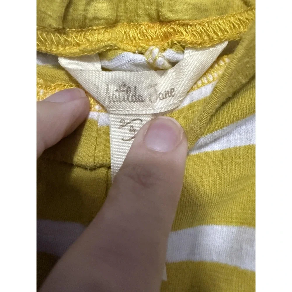 Matilda‎ Jane Capri Pants Girls 4 Yellow Stripe Ruffle Hem Blue Tie Jersey Knit